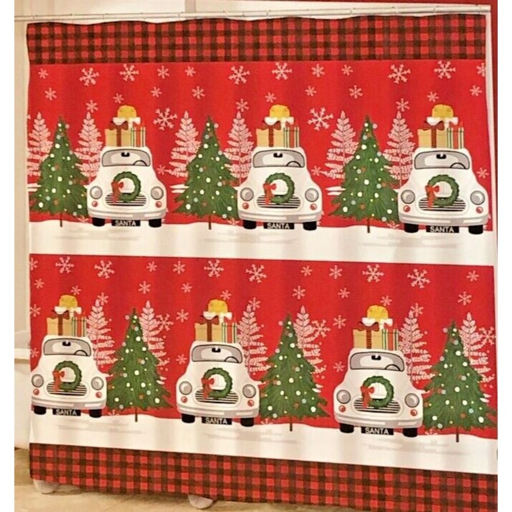 Avanti Christmas Shower Curtain Fabric Holiday Buffalo Check Farm Truck 72x72"